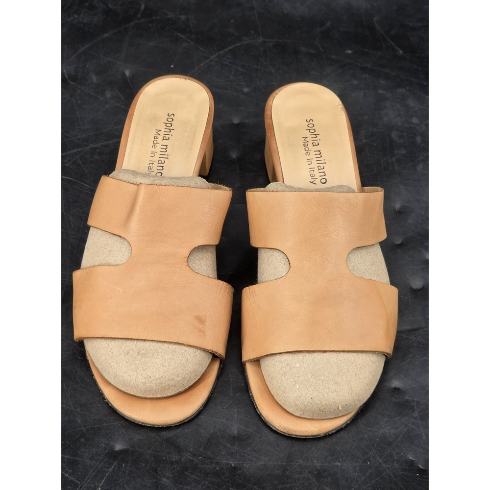 Sophia Milano‎ Tan Leather Open Toe Block Heel Sandal 6.5 Made In Italy